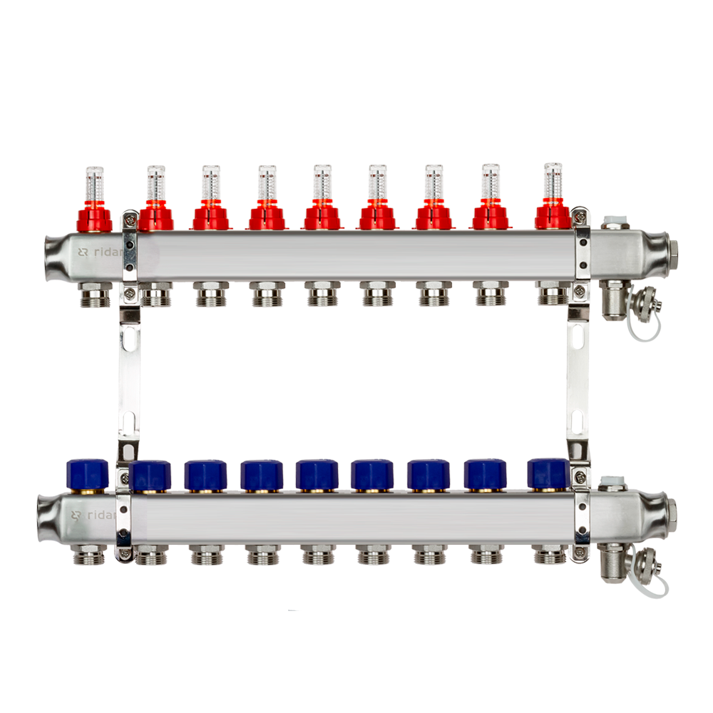 Комплект коллекторов Ридан SSM-9RF set с расходомерами и кронштейнами, 9 контуров