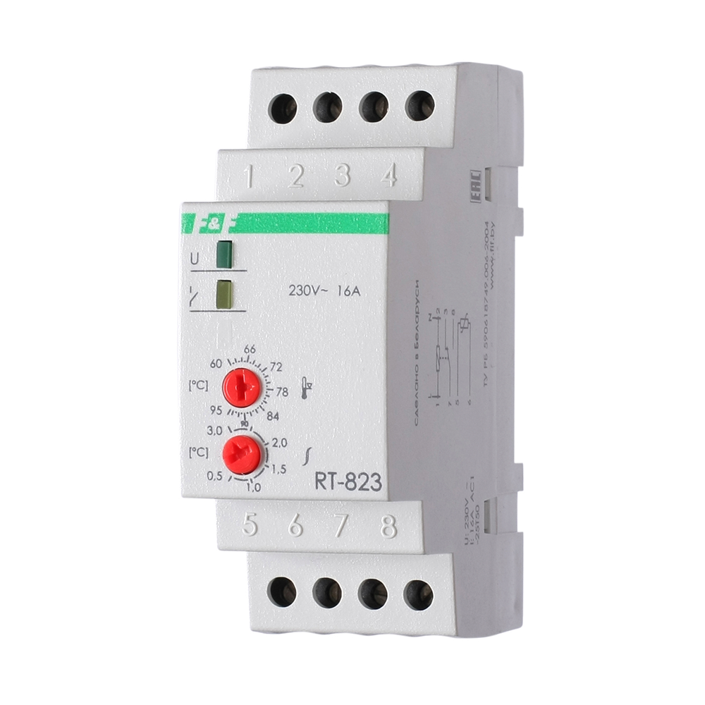 Терморегулятор ДЕВИ RT-823 (+60°C-+95°C) на шину DIN, с датчиком RT823 на проводе, 16А