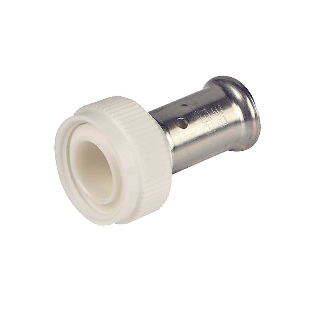 Пресс фитинг с накидной гайкой, плоское уплотнение, ПВДФ пресс (белый), 20x3/4", HENCO