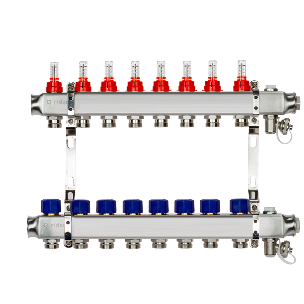Комплект коллекторов Ридан SSM-8RF set с расходомерами и кронштейнами, 8 контуров
