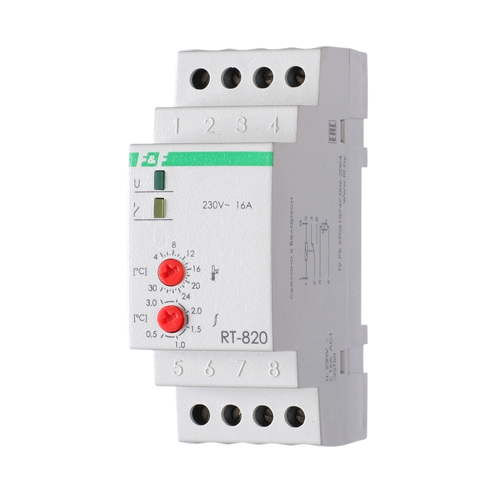 Терморегулятор ДЕВИ RT-820 (+4°C-+30°C) на шину DIN, с датчиком RT на проводе, 16А