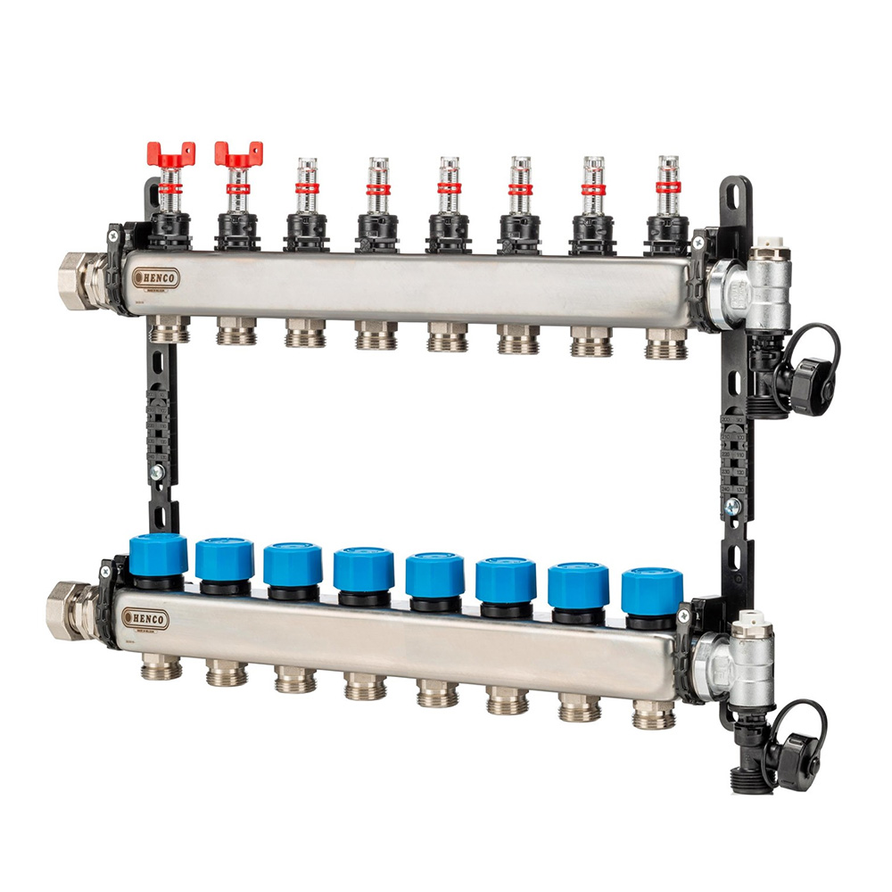 Коллектор HENCO из нержавеющей стали, расходомер, воздухоотводчик, дренаж и клапан, 1” - 8 x 3/4”